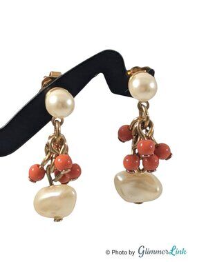 Vintage Avon Faux Pearl Orange Bead Gold Tone Dangle Earrings